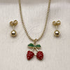 Oro Laminado Earring and Pendant Adult Set, Gold Filled Style Strawberry and Ball Design, Red Enamel Finish, Golden Finish, 10.417.0017