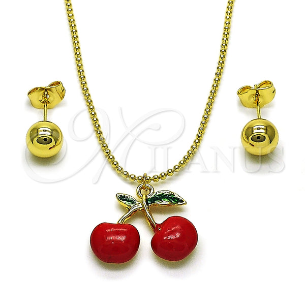 Oro Laminado Earring and Pendant Adult Set, Gold Filled Style Cherry and Ball Design, Red Enamel Finish, Golden Finish, 10.417.0018