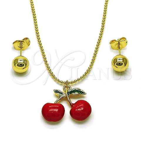Oro Laminado Earring and Pendant Adult Set, Gold Filled Style Cherry and Ball Design, Red Enamel Finish, Golden Finish, 10.417.0018