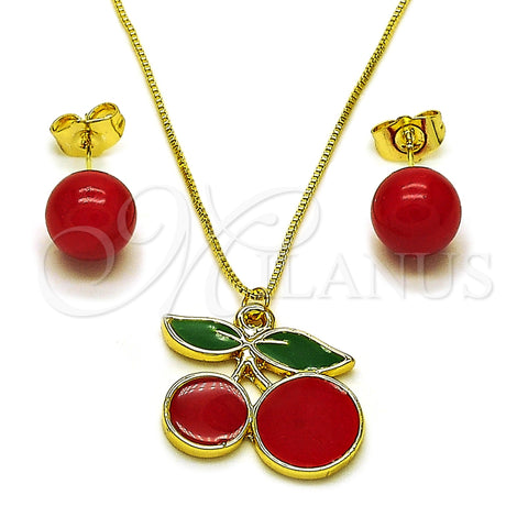 Oro Laminado Earring and Pendant Adult Set, Gold Filled Style Cherry and Ball Design, Red Enamel Finish, Golden Finish, 10.417.0019