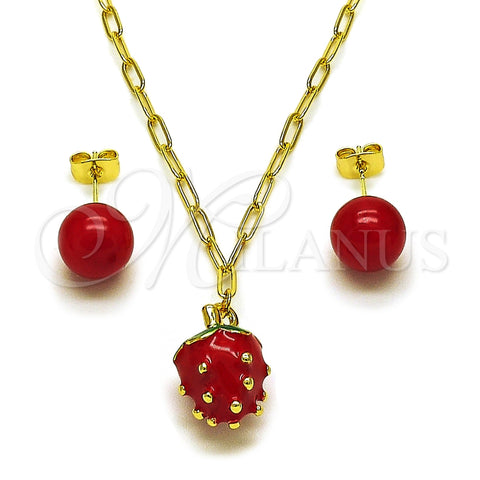 Oro Laminado Earring and Pendant Adult Set, Gold Filled Style Strawberry and Paperclip Design, Red Enamel Finish, Golden Finish, 10.417.0020