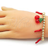 Oro Laminado Fancy Bracelet, Gold Filled Style Cherry and Chili Design, with Garnet Crystal, Red Enamel Finish, Golden Finish, 03.417.0010.08
