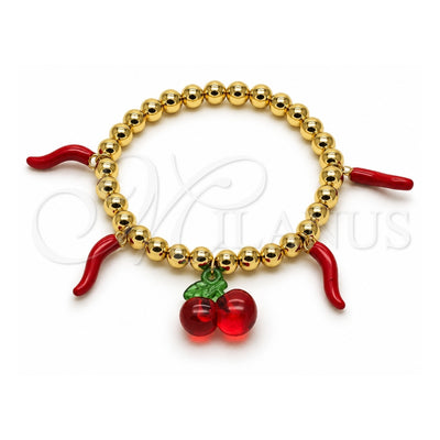 Oro Laminado Fancy Bracelet, Gold Filled Style Cherry and Chili Design, with Garnet Crystal, Red Enamel Finish, Golden Finish, 03.417.0010.08 (06 MM Thickness, 8 Inches Length)