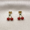 Oro Laminado Stud Earring, Gold Filled Style Cherry Design, Red Enamel Finish, Golden Finish, 02.417.0010