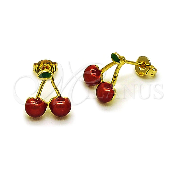 Oro Laminado Stud Earring, Gold Filled Style Cherry Design, Red Enamel Finish, Golden Finish, 02.417.0010