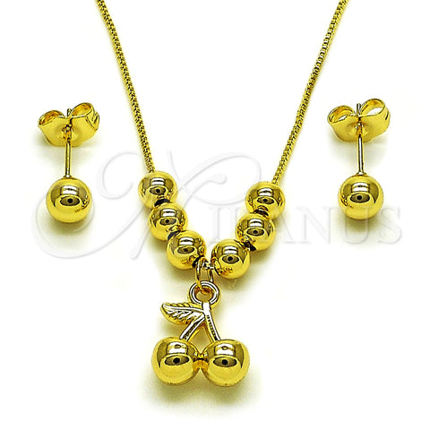 Oro Laminado Necklace and Earring, Gold Filled Style Cherry and Ball Design, Polished, Golden Finish, 06.417.0025