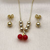Oro Laminado Necklace and Earring, Gold Filled Style Cherry and Ball Design, with Garnet and White Crystal, Polished, Golden Finish, 06.417.0026
