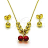 Oro Laminado Necklace and Earring, Gold Filled Style Cherry and Ball Design, with Garnet and White Crystal, Polished, Golden Finish, 06.417.0026