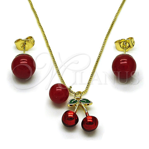 Oro Laminado Earring and Pendant Adult Set, Gold Filled Style Cherry and Ball Design, with Garnet Pearl, Polished, Golden Finish, 10.417.0023