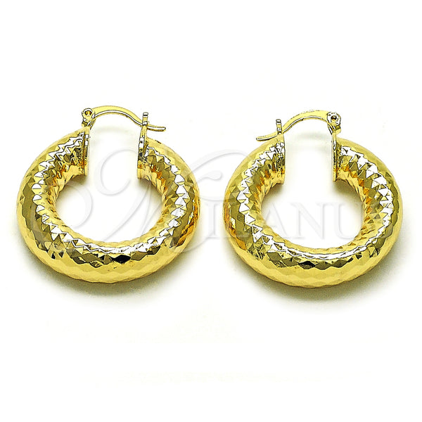 Gold Filled Hoop Earrings — Medium Hoop Hollow Design Diamond Cutting 02. — main product view — SKU 159839 | Oro Laminado aretes de aro — Medium Hoop Hollow diseño Diamond Cutting 02. — SKU 159839