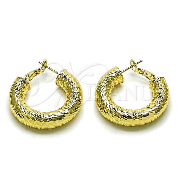 Gold Filled Hoop Earrings — Medium Hoop Hollow Design Diamond Cutting 02. — main product view — SKU 159841 | Oro Laminado aretes de aro — Medium Hoop Hollow diseño Diamond Cutting 02. — SKU 159841