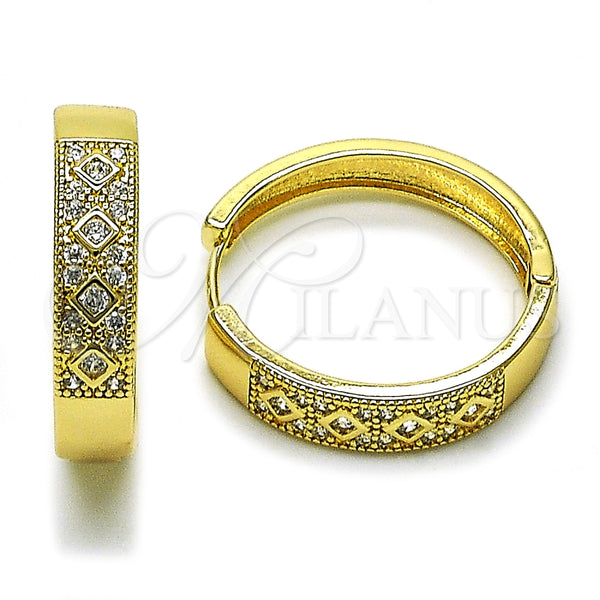 Oro Laminado Huggie Hoop, Gold Filled Style with White Cubic Zirconia and White Micro Pave, Polished, Golden Finish, 02.210.0056.3.30