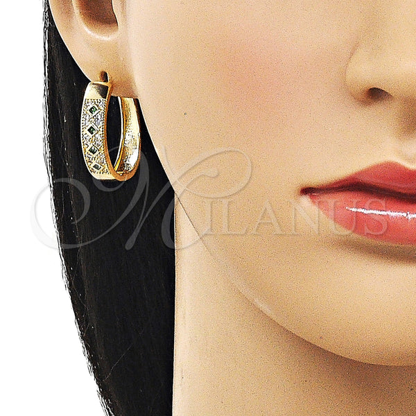 Gold Filled Hoop Earrings — Huggie Hoop with Green Cubic Zirconia and White — alternate product view — SKU 159856 | Oro Laminado aretes de aro — Huggie Hoop with Green Cubic Zirconia and blanco — SKU 159856