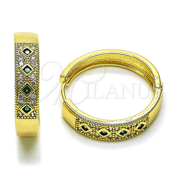 Gold Filled Hoop Earrings — Huggie Hoop with Green Cubic Zirconia and White — main product view — SKU 159856 | Oro Laminado aretes de aro — Huggie Hoop with Green Cubic Zirconia and blanco — SKU 159856