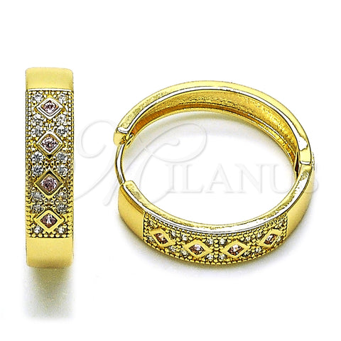 Oro Laminado Huggie Hoop, Gold Filled Style with Pink Cubic Zirconia and White Micro Pave, Polished, Golden Finish, 02.210.0056.16.30