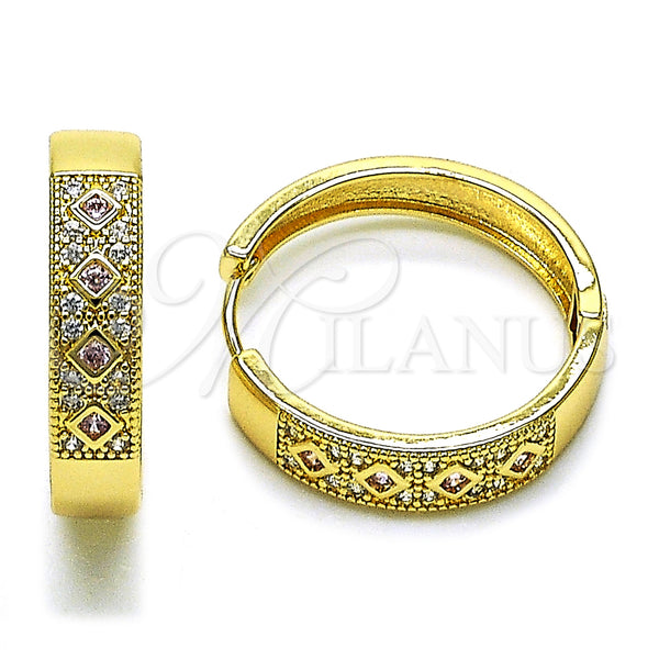 Gold Filled Hoop Earrings — Huggie Hoop with Pink Cubic Zirconia and White — main product view — SKU 159857 | Oro Laminado aretes de aro — Huggie Hoop with Pink Cubic Zirconia and blanco — SKU 159857