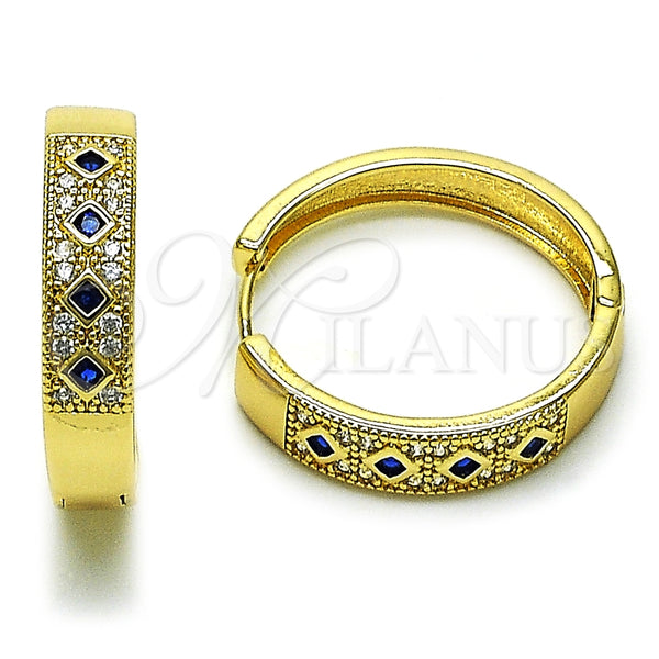 Oro Laminado Huggie Hoop, Gold Filled Style with Sapphire Blue Cubic Zirconia and White Micro Pave, Polished, Golden Finish, 02.210.0056.13.30