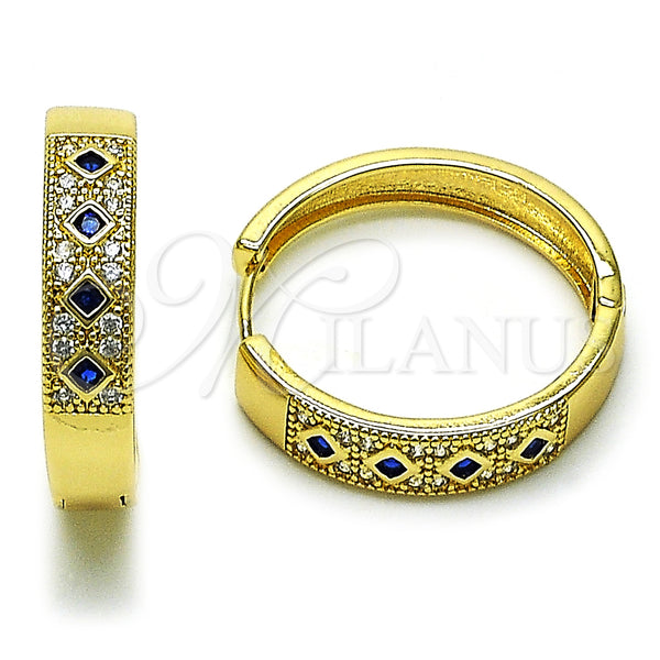 Gold Filled Hoop Earrings — Huggie Hoop with Sapphire Blue Cubic Zirconia and — main product view — SKU 159858 | Oro Laminado aretes de aro — Huggie Hoop with Sapphire Blue Cubic Zirconia and — SKU 159858