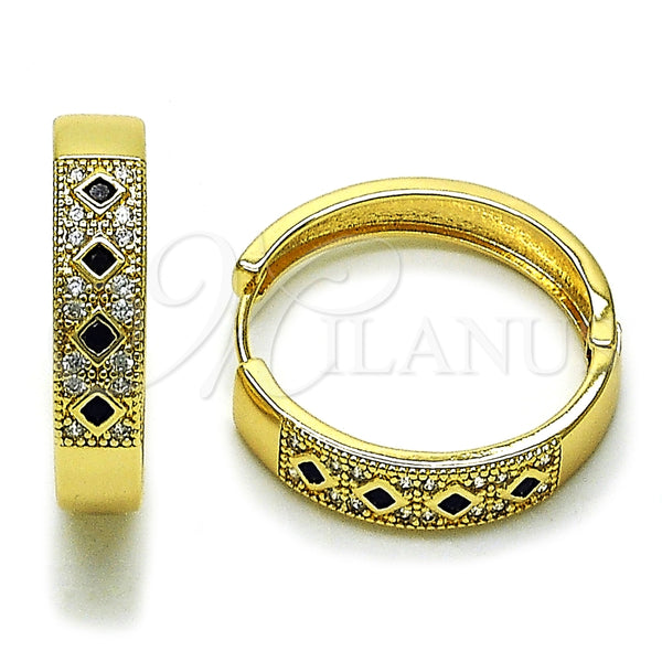 Oro Laminado Huggie Hoop, Gold Filled Style with Black Cubic Zirconia and White Micro Pave, Polished, Golden Finish, 02.210.0056.7.30