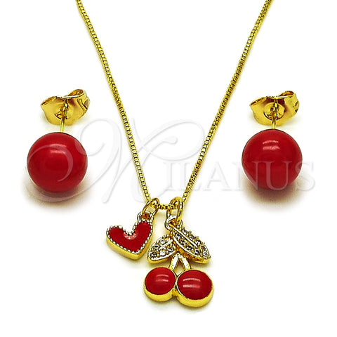 Oro Laminado Earring and Pendant Adult Set, Gold Filled Style Cherry and Heart Design, with White Micro Pave, Red Enamel Finish, Golden Finish, 10.417.0029