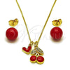 Oro Laminado Earring and Pendant Adult Set, Gold Filled Style Cherry and Heart Design, with White Micro Pave, Red Enamel Finish, Golden Finish, 10.417.0029