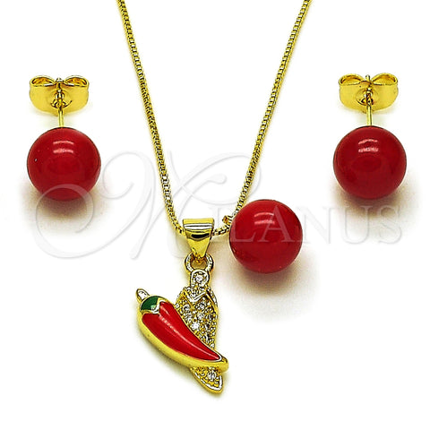 Oro Laminado Earring and Pendant Adult Set, Gold Filled Style Chili and Ball Design, with White Micro Pave, Red Enamel Finish, Golden Finish, 10.417.0030