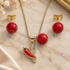 Oro Laminado Earring and Pendant Adult Set, Gold Filled Style Chili and Ball Design, with White Micro Pave, Red Enamel Finish, Golden Finish, 10.417.0030