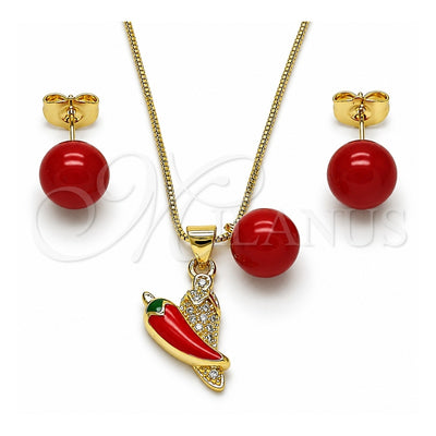 Oro Laminado Earring and Pendant Adult Set, Gold Filled Style Chili and Ball Design, with White Micro Pave, Red Enamel Finish, Golden Finish, 10.417.0030