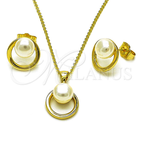 Oro Laminado Earring and Pendant Adult Set, Gold Filled Style Ball and Rolo Design, with Ivory Pearl, Polished, Golden Finish, 10.156.0529