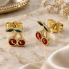 Oro Laminado Stud Earring, Gold Filled Style Cherry Design, Red Enamel Finish, Golden Finish, 02.156.0708