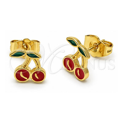 Oro Laminado Stud Earring, Gold Filled Style Cherry Design, Red Enamel Finish, Golden Finish, 02.156.0708