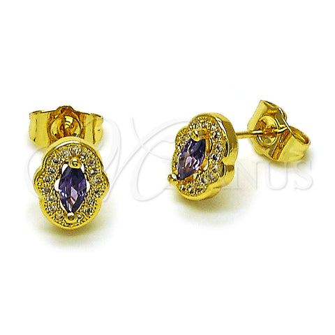 Oro Laminado Stud Earring, Gold Filled Style Cluster Design, with Amethyst Cubic Zirconia and White Micro Pave, Polished, Golden Finish, 02.156.0709