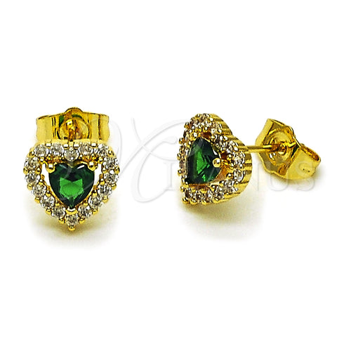Oro Laminado Stud Earring, Gold Filled Style Heart and Cluster Design, with Green and White Cubic Zirconia, Polished, Golden Finish, 02.156.0710