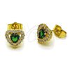 Oro Laminado Stud Earring, Gold Filled Style Heart and Cluster Design, with Green and White Cubic Zirconia, Polished, Golden Finish, 02.156.0710
