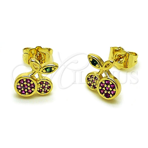 Oro Laminado Stud Earring, Gold Filled Style Cherry Design, with Ruby and Green Micro Pave, Polished, Golden Finish, 02.344.0165