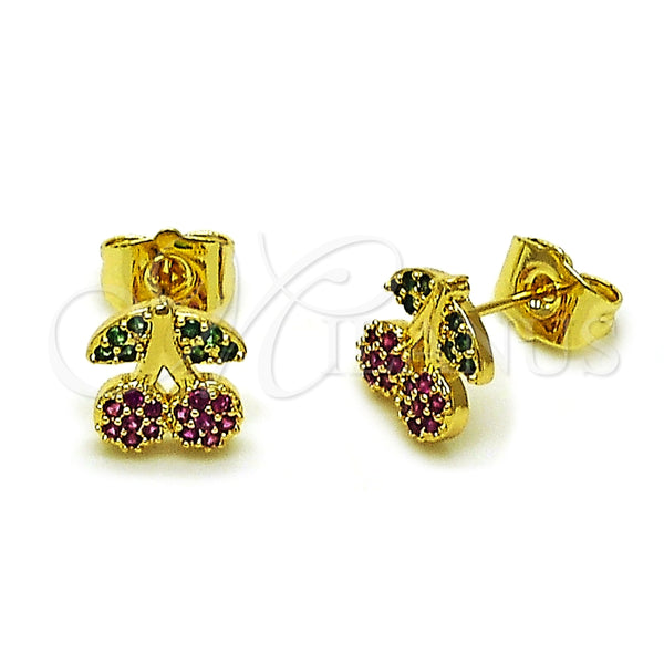 Oro Laminado Stud Earring, Gold Filled Style Cherry Design, with Ruby and Green Micro Pave, Polished, Golden Finish, 02.344.0166