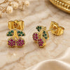 Oro Laminado Stud Earring, Gold Filled Style Cherry Design, with Ruby and Green Micro Pave, Polished, Golden Finish, 02.344.0166