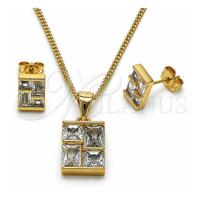 Oro Laminado Earring and Pendant Adult Set, Gold Filled Style Baguette Design, with White Cubic Zirconia, Polished, Golden Finish, 10.342.0218
