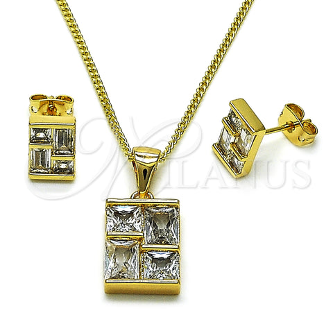 Oro Laminado Earring and Pendant Adult Set, Gold Filled Style Baguette Design, with White Cubic Zirconia, Polished, Golden Finish, 10.342.0218
