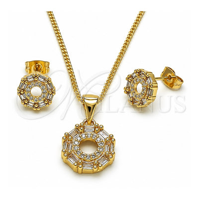Oro Laminado Earring and Pendant Adult Set, Gold Filled Style Baguette Design, with White Cubic Zirconia and White Micro Pave, Polished, Golden Finish, 10.342.0219