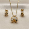 Oro Laminado Earring and Pendant Adult Set, Gold Filled Style Baguette and Love Knot Design, with White Cubic Zirconia, Polished, Golden Finish, 10.342.0223