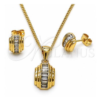 Oro Laminado Earring and Pendant Adult Set, Gold Filled Style Baguette Design, with White Cubic Zirconia, Polished, Golden Finish, 10.342.0225