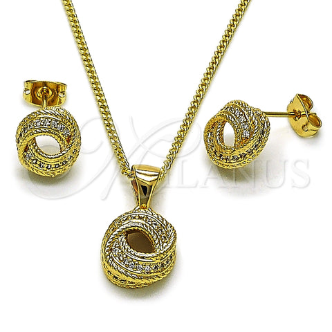 Oro Laminado Earring and Pendant Adult Set, Gold Filled Style Love Knot and Twist Design, with White Micro Pave, Polished, Golden Finish, 10.342.0226