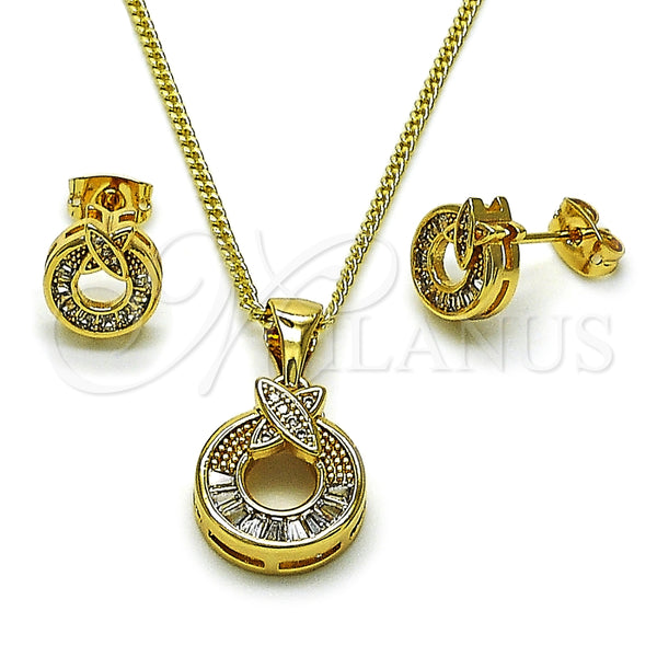 Oro Laminado Earring and Pendant Adult Set, Gold Filled Style Baguette Design, with White Cubic Zirconia and White Micro Pave, Polished, Golden Finish, 10.342.0229