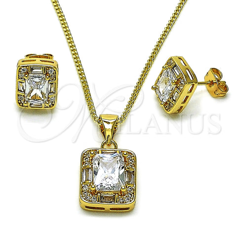 Oro Laminado Earring and Pendant Adult Set, Gold Filled Style Cluster and Baguette Design, with White Cubic Zirconia and White Micro Pave, Polished, Golden Finish, 10.342.0233
