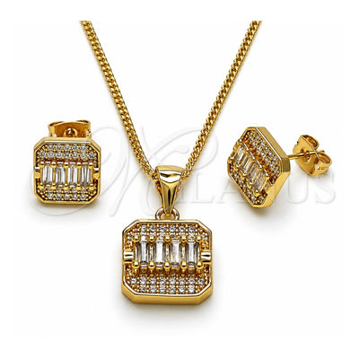 Oro Laminado Earring and Pendant Adult Set, Gold Filled Style Baguette Design, with White Cubic Zirconia, Polished, Golden Finish, 10.342.0238