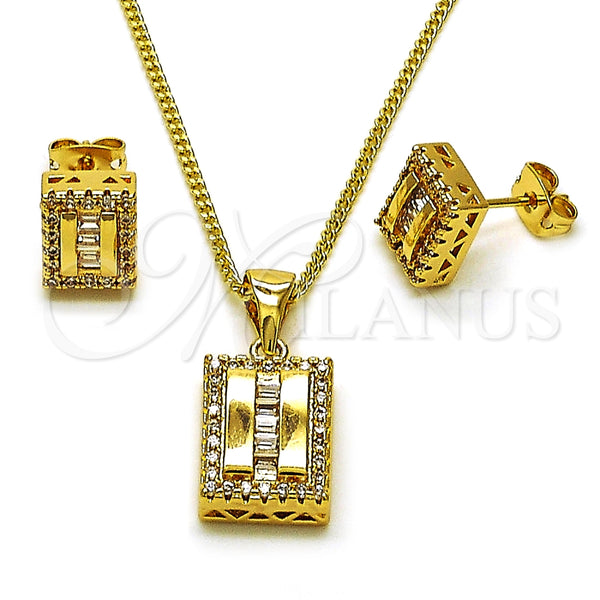 Oro Laminado Earring and Pendant Adult Set, Gold Filled Style Baguette Design, with White Cubic Zirconia and White Micro Pave, Polished, Golden Finish, 10.342.0239