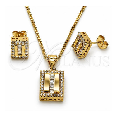 Oro Laminado Earring and Pendant Adult Set, Gold Filled Style Baguette Design, with White Cubic Zirconia and White Micro Pave, Polished, Golden Finish, 10.342.0239