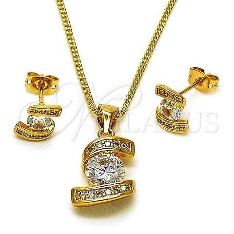 Oro Laminado Earring and Pendant Adult Set, Gold Filled Style Twist and Cluster Design, with White Cubic Zirconia and White Micro Pave, Polished, Golden Finish, 10.342.0244