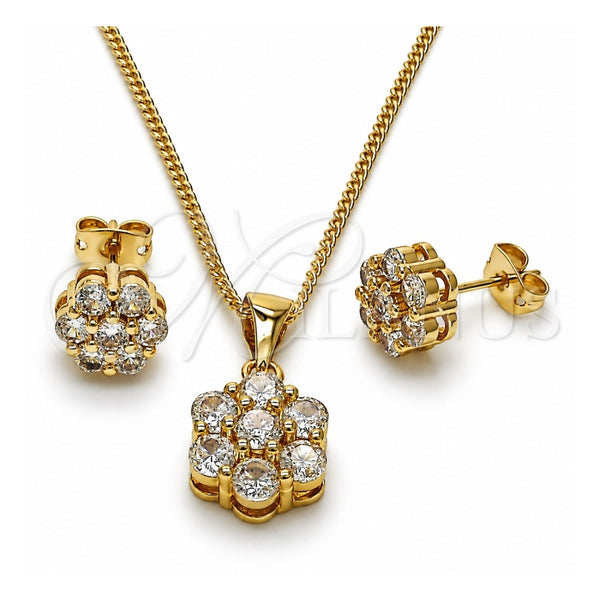 Oro Laminado Earring and Pendant Adult Set, Gold Filled Style Cluster Design, with White Cubic Zirconia, Polished, Golden Finish, 10.342.0250